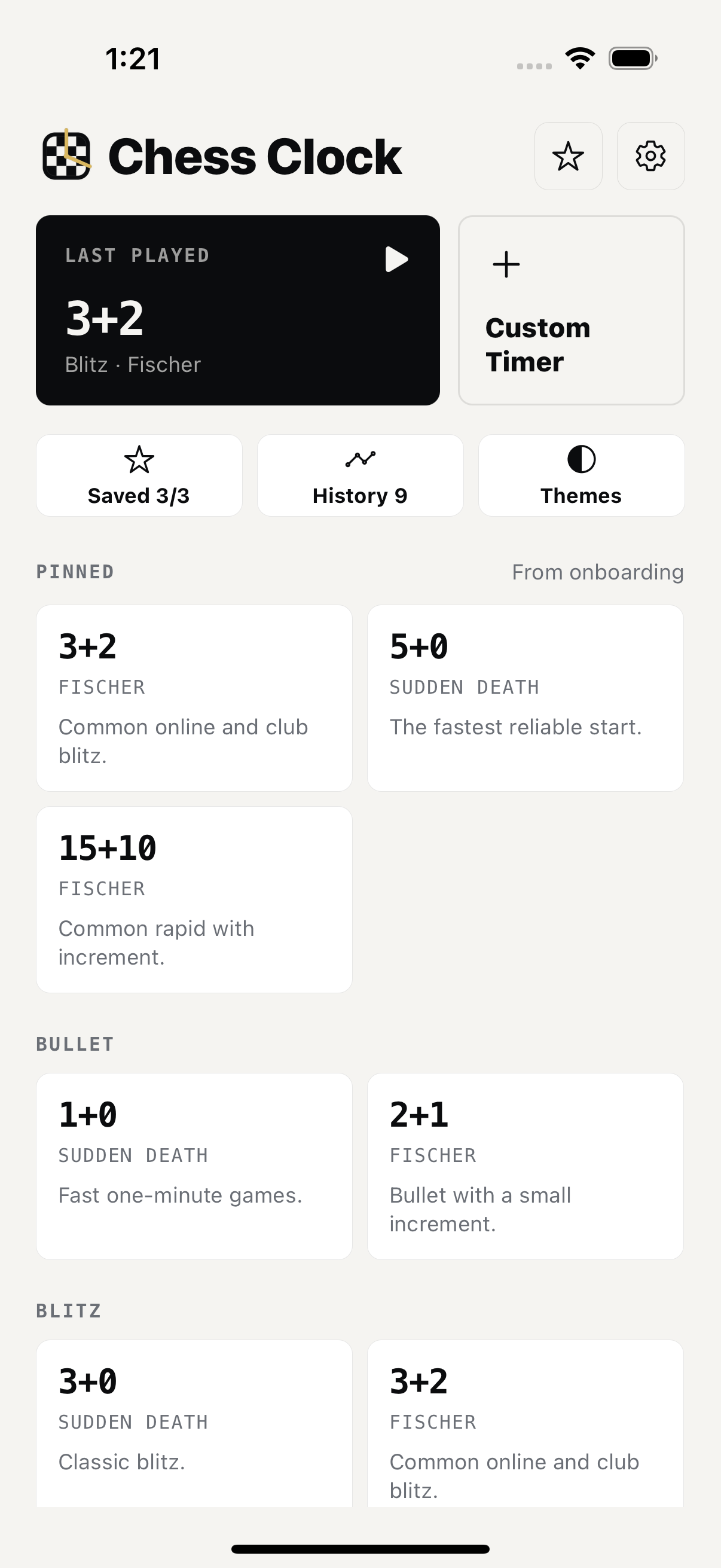 Chess Clock preset picker with bullet blitz rapid and classical controls