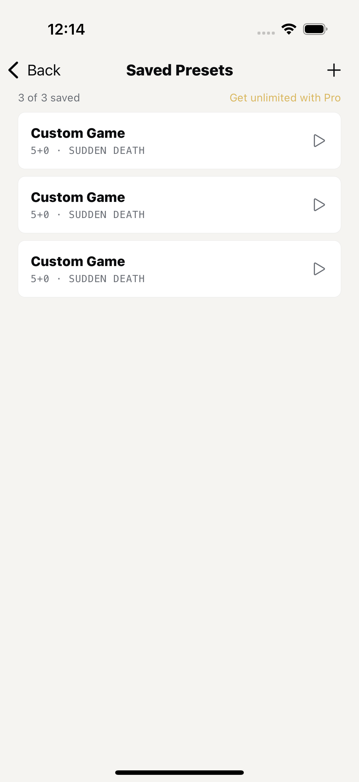 Chess Clock saved presets and premium controls screen