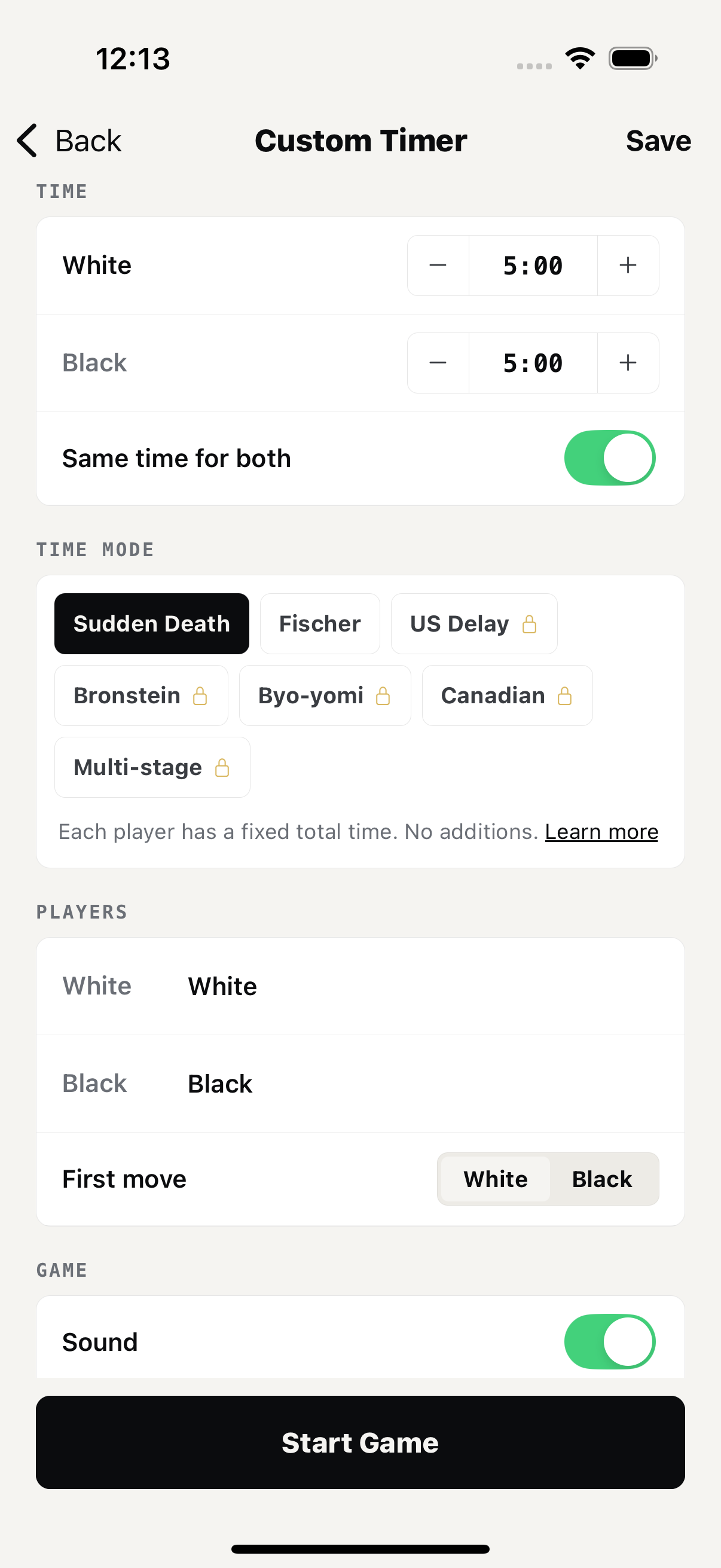 Chess Clock custom time-control setup with Fischer Bronstein and Delay
